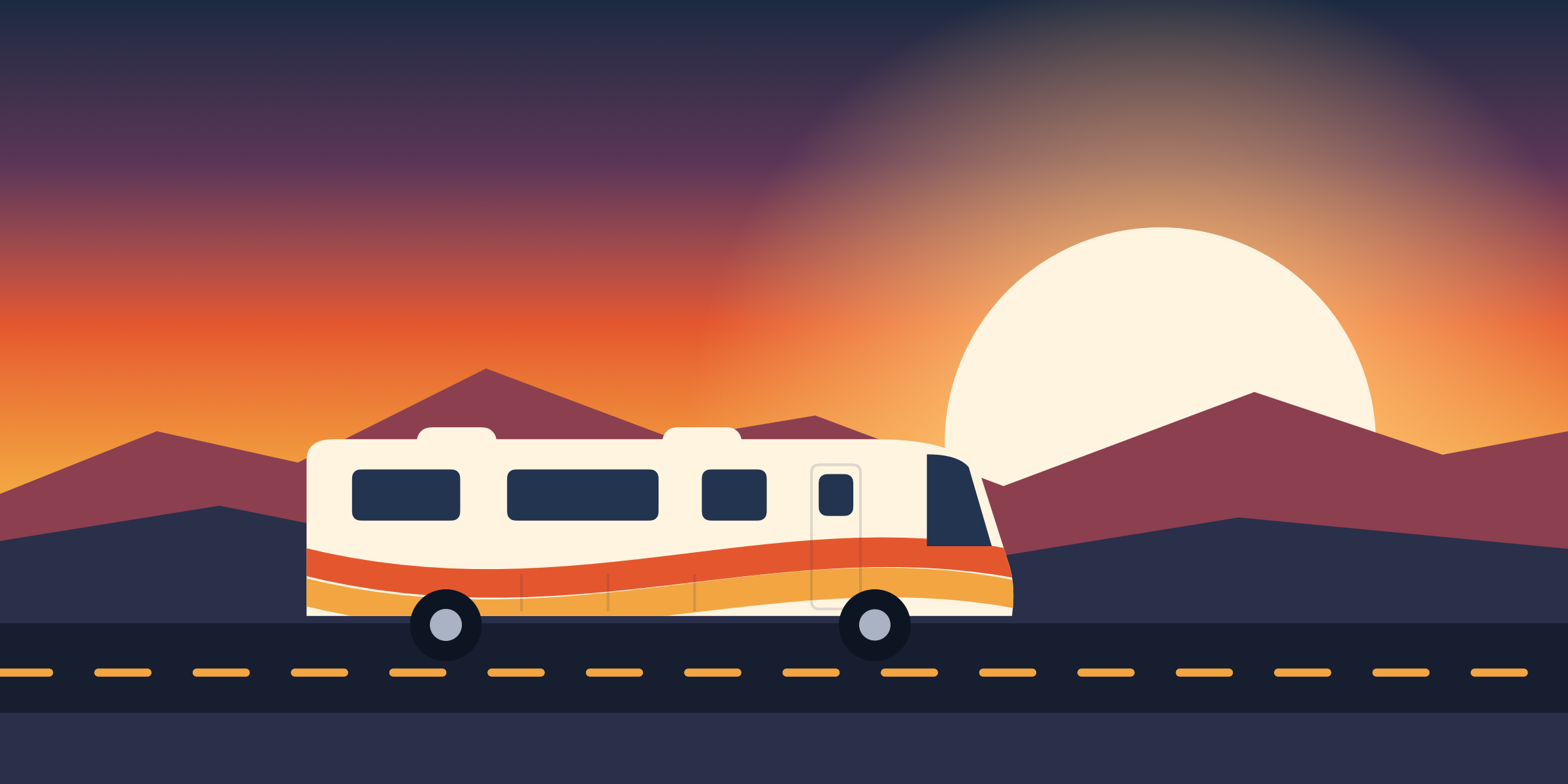 A motorhome parked beside a mountain lake at sunrise